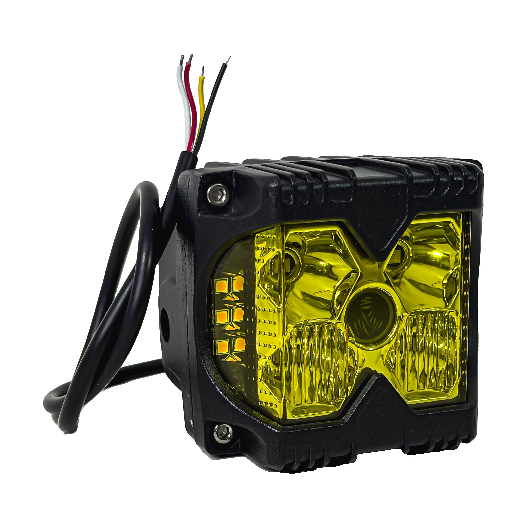 Faro Led Off Road Cuadrado 4 Pulgadas 30w 12-24v Ambar Con Drl Ambar Y Logo Iluminado Iron Led Ambar