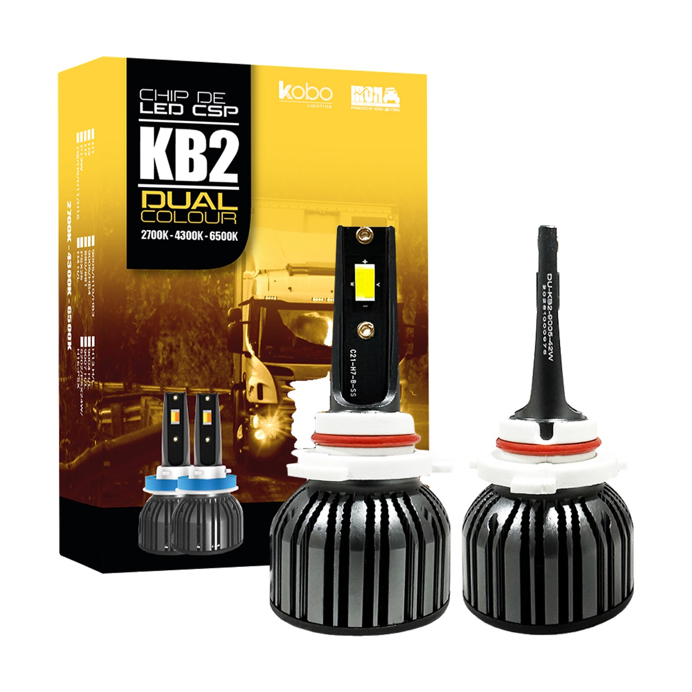 Kit Lamparas Led Hb3 Iron Led Kb2 Dual Color Blanco Y Ambar 42w 24v Chip Csp Con Cooler Camion Colectivo 9005