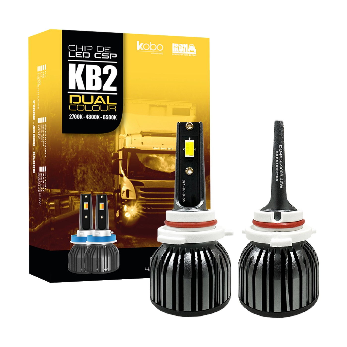 Kit Lamparas Led Hb4 Iron Led Kb2 Dual Color Blanco Y Ambar 42w 24v Chip Csp Con Cooler Camion Colectivo 9006