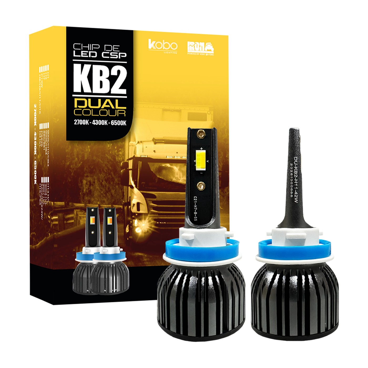 Kit Lamparas Led Iron Led Kb2 Dual Color Blanco Y Ambar 42w 24v Chip Csp Con Cooler Camion Colectivo H11