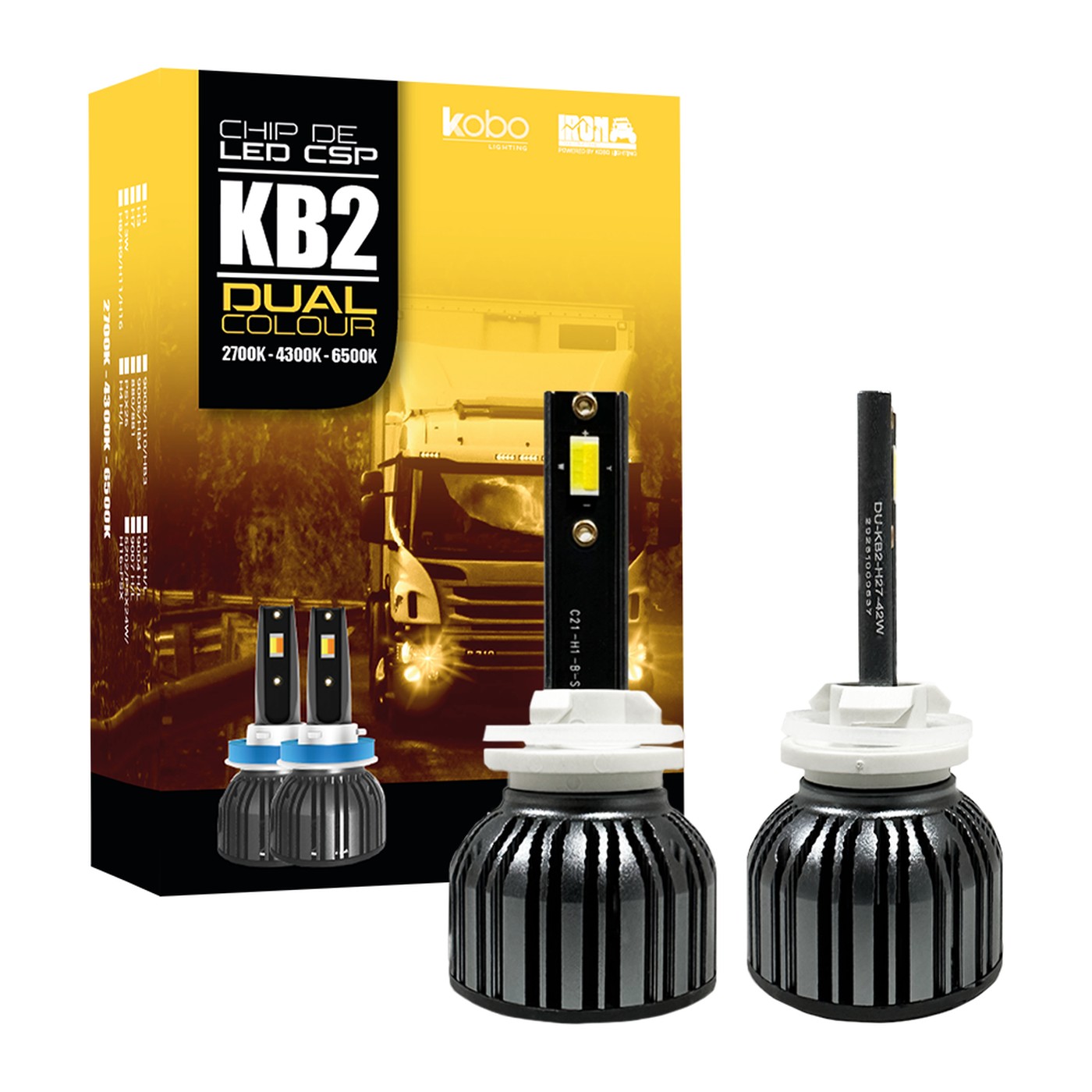 Kit Lamparas Led Iron Led Kb2 Dual Color Blanco Y Ambar 42w 24v Chip Csp Con Cooler Camion Colectivo H27
