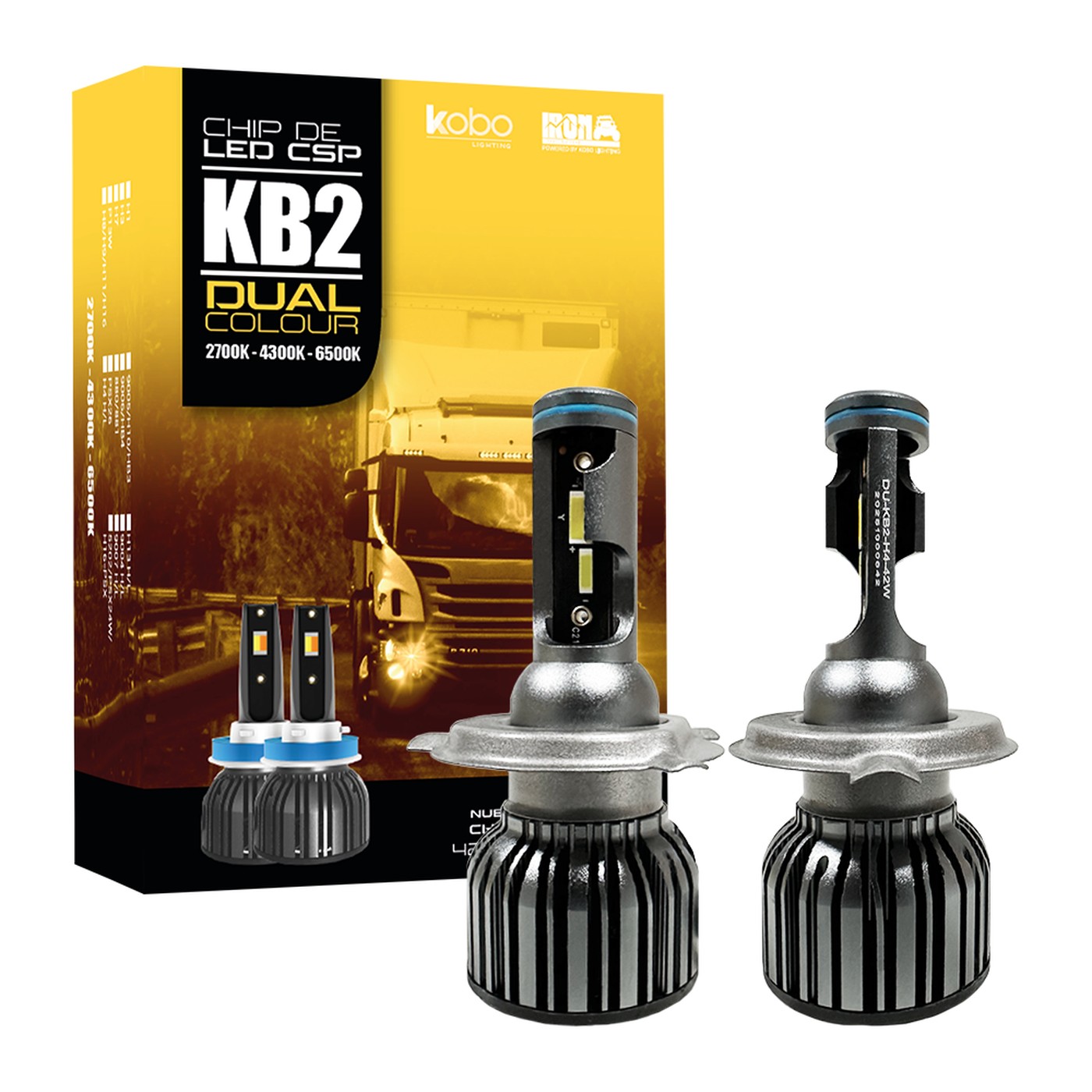 Kit Lamparas Led Iron Led Kb2 Dual Color Blanco Y Ambar 42w 24v Chip Csp Con Cooler Camion Colectivo H4