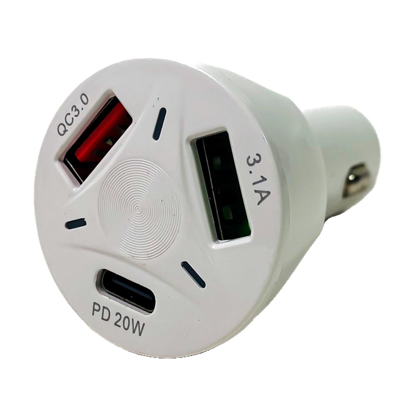 Cargador 2 Usb Y Tipo C Para Auto 20w 12v 24v Redondo Blanco