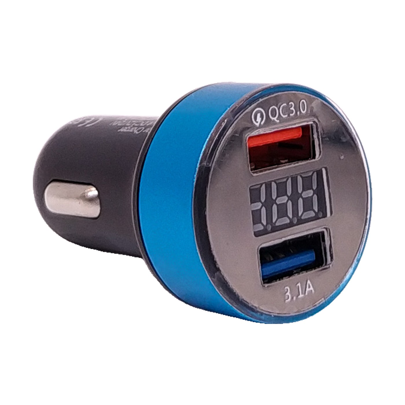Cargador Doble Usb Para Auto Qc 3.0 Con Voltimetro Azul Kube