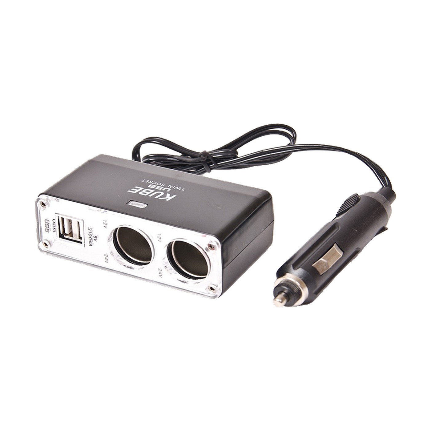 Alargue Para Auto Con 2 Usb Y 2 Tomas 2,1a Plateado Y Negro