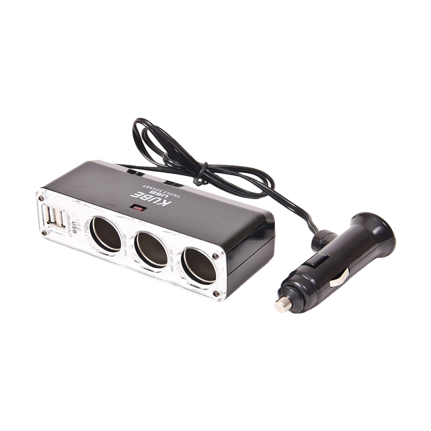Alargue Para Auto Con 2 Usb Y 3 Tomas 2,1a Plateado Y Negro