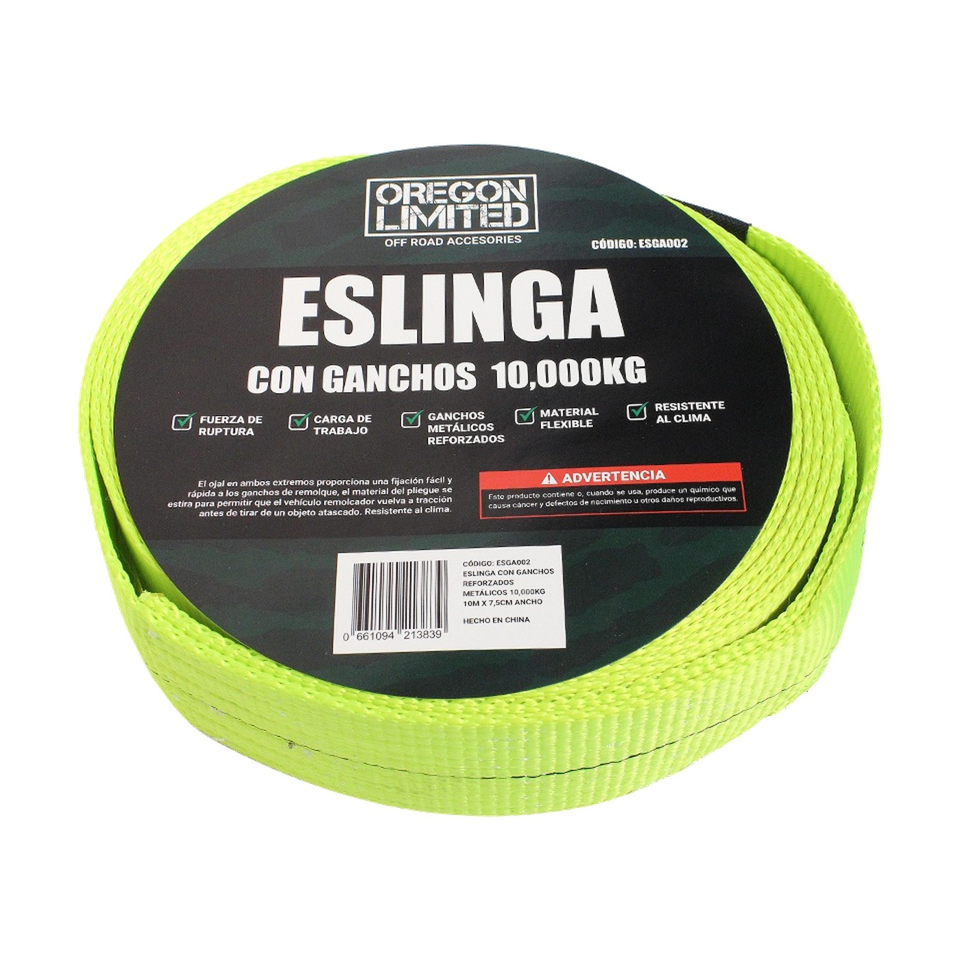Eslinga De Remolque Verde Fluor 10 Metros X 7,5 Cm 10000 Kg Oregon