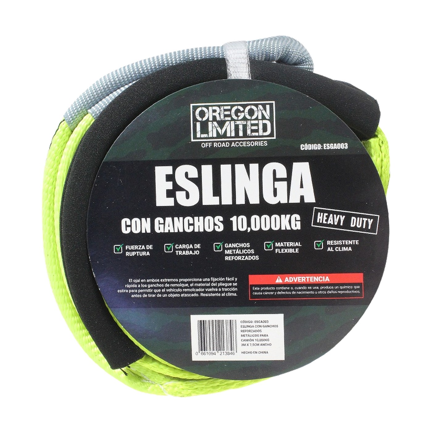 Eslinga De Remolque Verde Fluor 3 Metros X 7,5 Cm 10000 Kg Oregon