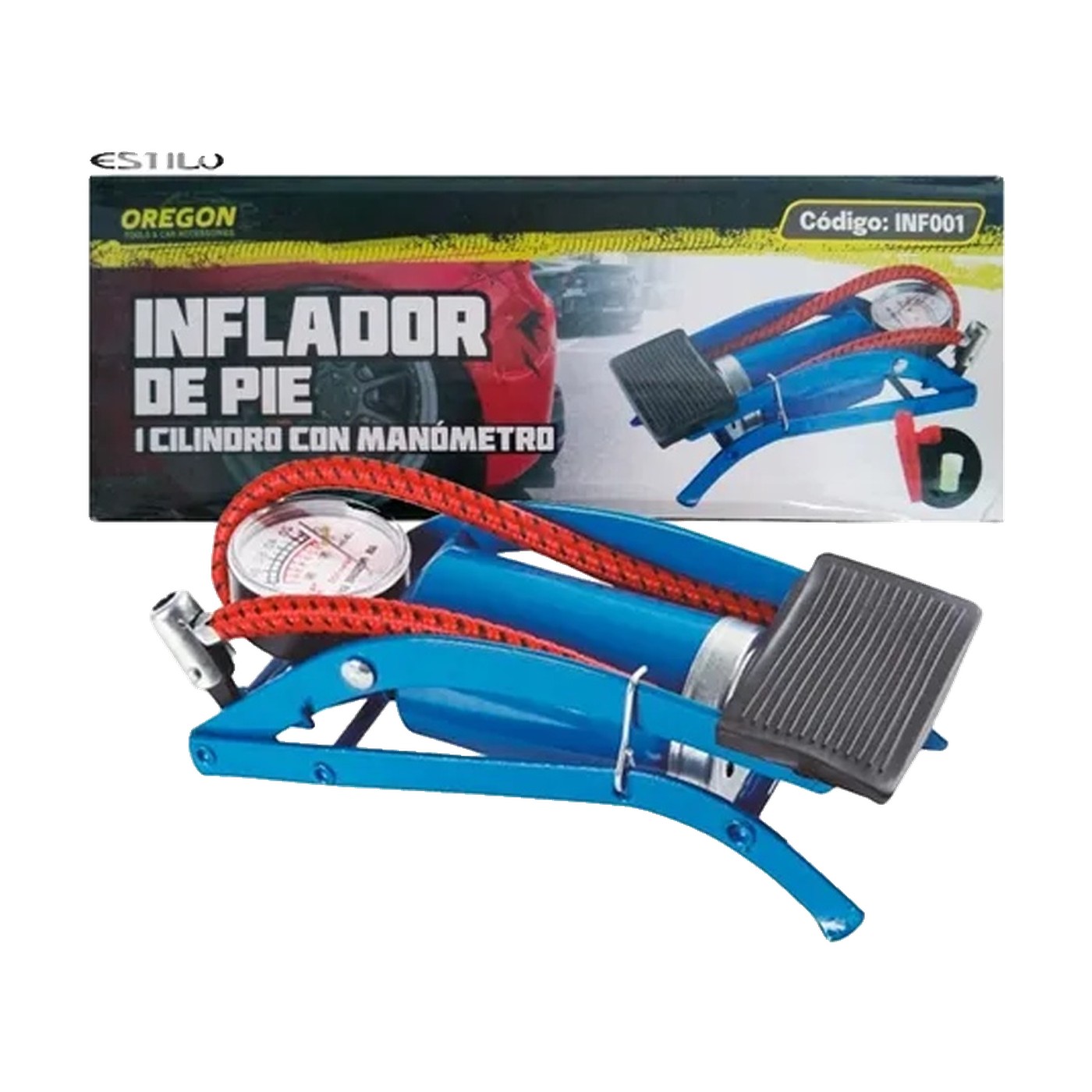 Inflador De Pie Metalico 55x10 Cm Azul Oregon