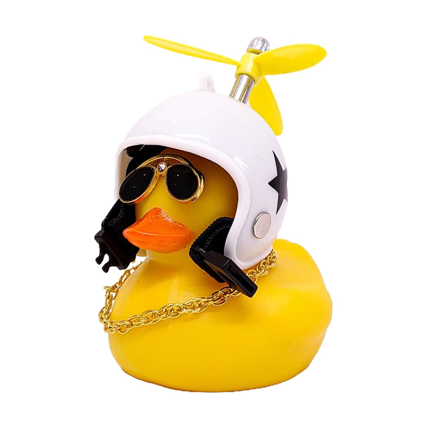 Patito Decorativo Para Auto Con Casco Diseño Estrella Helice Anteojos Y Cadena Oregon Blanco