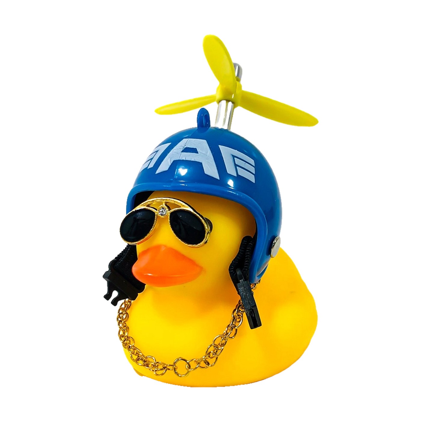 Patito Decorativo Para Auto Con Casco Azul Diseño Capitan Helice Anteojos Y Cadena Oregon