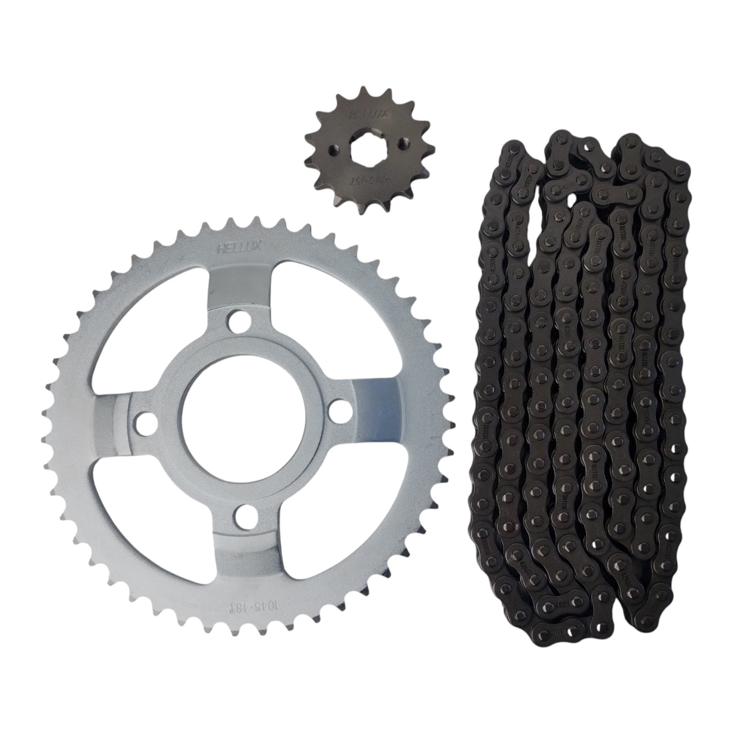 Kit Piñon Y Corona Con Cadena Moto Hellux Motomel Motard 200 Piñon 15 Corona 48 Cadena 428h 136 Eslabones Plateado