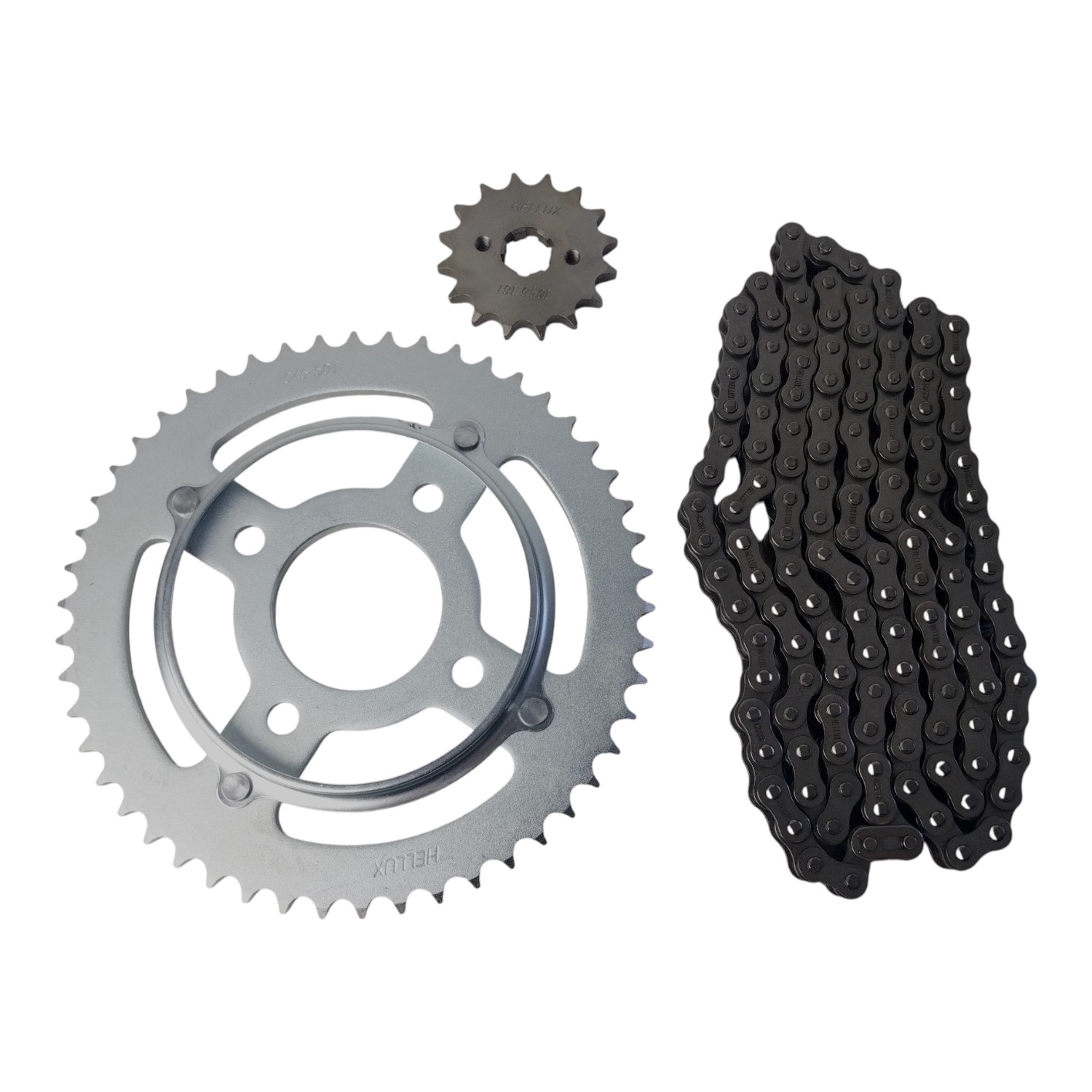 Kit Piñon Y Corona Con Cadena Moto Hellux Motomel Dakar 200 Piñon 16 Corona 50 Cadena 428h 134 Eslabones Plateado