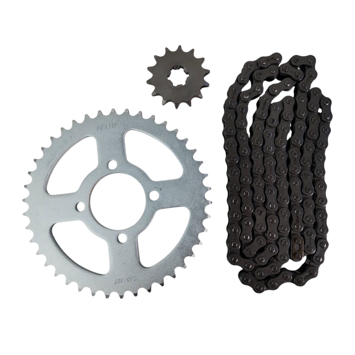 Kit Piñon Y Corona Con Cadena Moto Hellux Suzuki Ax100 Piñon 14 Corona 42 Cadena 428h 120 Eslabones Plateado