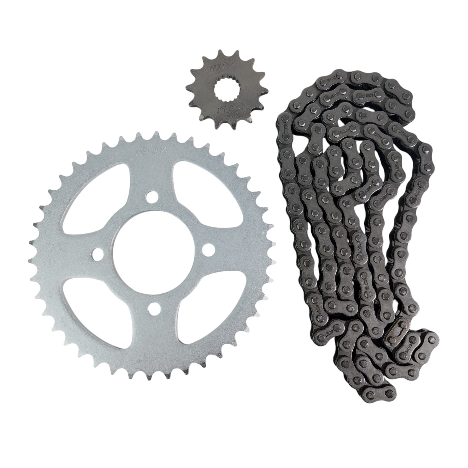 Kit Piñon Y Corona Con Cadena Moto Hellux Suzuki Gn 125 Piñon 14 Corona 42 Cadena 428h 116 Eslabones Plateado