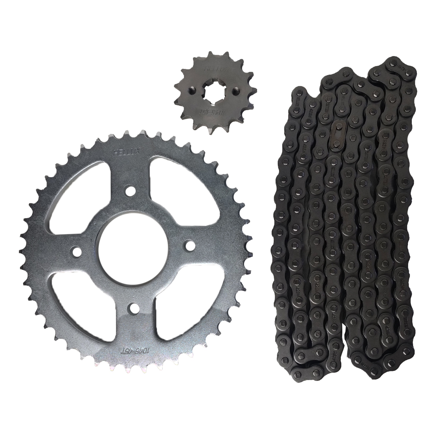 Kit Piñon Y Corona Con Cadena Moto Hellux Suzuki Gixxer 150 Piñon 15 Corona 45 Cadena 428h 132 Eslabones Plateado