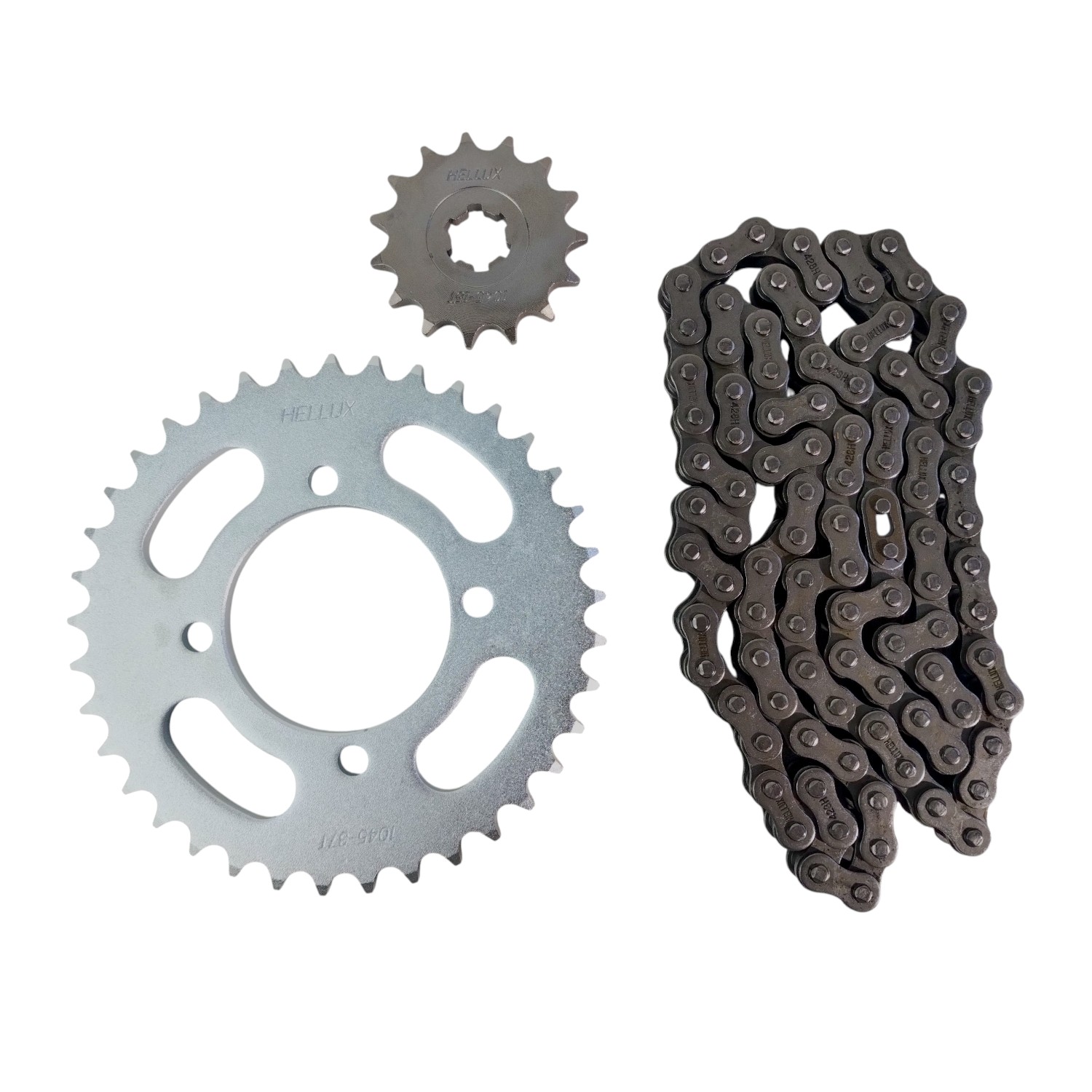 Kit Piñon Y Corona Con Cadena Moto Hellux Yamaha Crypton Piñon 15 Corona 37 Cadena 428h 98 Eslabones Plateado