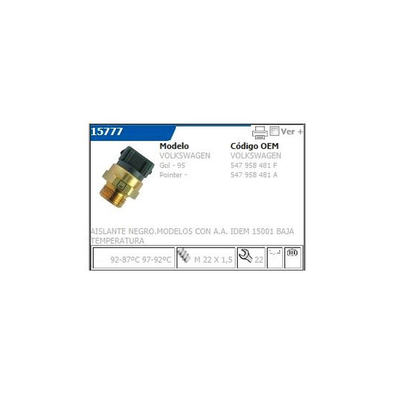 Bulbo De Electroventilador Volkswagen Gol Pointer